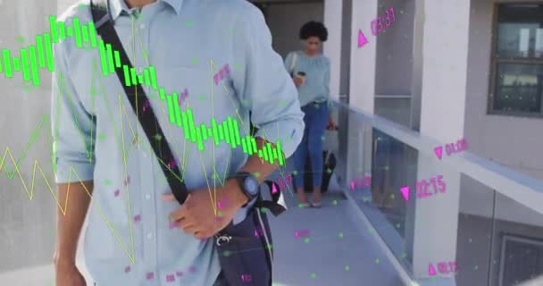 Animation Multiple Graphs Changing Numbers Biracial Man Bag Walking Corridor — Stock Video