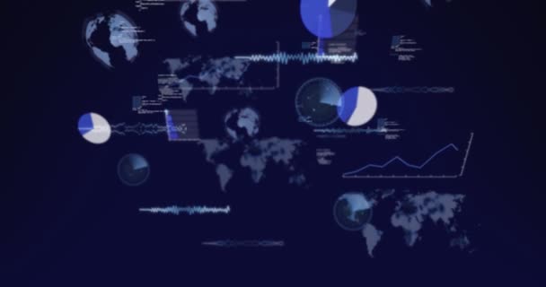 Animatie Van Draaiende Wereldbol Wereldkaart Gegevensverwerking Tegen Een Blauwe Achtergrond — Stockvideo