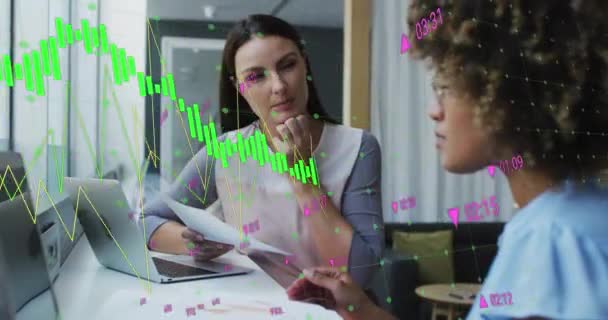 Animation Multiple Graphs Changing Numbers Diverse Female Coworkers Discussing Reports — Stock Video