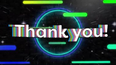 Uzay arkaplanına karşı kusursuz desenli teşekkür afişi ve gradyan çizgilerinin animasyonu. Video oyunu ve eğlence teknolojisi kavramı