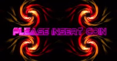 Lütfen siyah arkaplanda dönen kırmızı dijital dalgaya bozuk para metni takın. Video oyunu ve eğlence teknolojisi kavramı