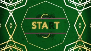 Mavi arkaplan üzerinde başlangıç metni pankartı üzerinde pürüzsüz desenli altın çerçeve tasarımı animasyonu. Video oyunu ve eğlence teknolojisi kavramı