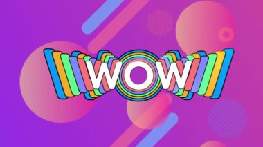 Gradyan mor arkaplana karşı wow metin afişi ve soyut şekiller animasyonu. Video oyunu ve eğlence teknolojisi kavramı