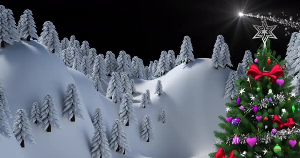 Animação Estrela Cadente Flocos Neve Caindo Sobre Árvore Natal Paisagem — Vídeo de Stock