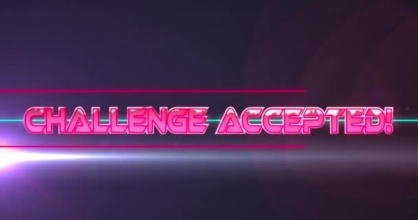 Animation Challenge Accepted Text Neon Banner Light Spot Black Background — Stock Video