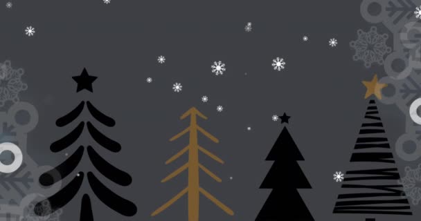 Animation Von Schneeflocken Die Über Christbaumsymbole Fallen Vor Grauem Hintergrund — Stockvideo