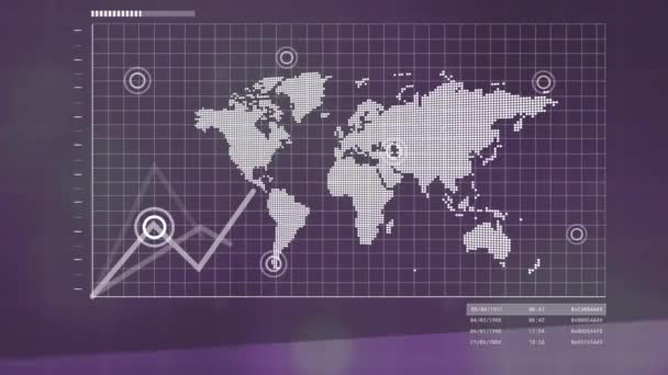 Animacja Interfejsu Mapą Świata Przetwarzaniem Danych Fioletowym Tle Interfejs Komputerowy — Wideo stockowe