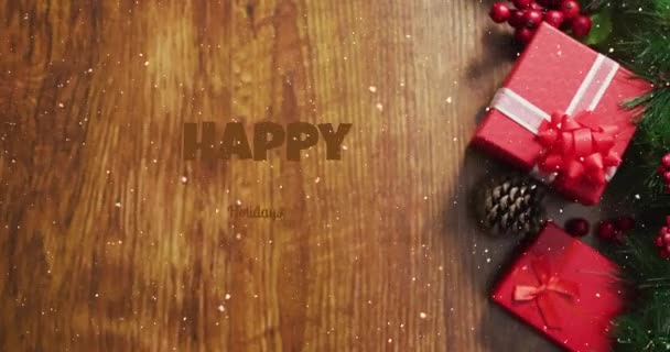 Animáció Alá Boldog Ünnepeket Szöveg Ellen Ajándékok Dekorációk Felületen Karácsonyi — Stock videók