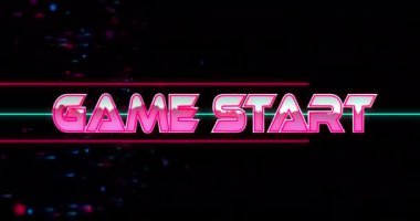 Oyun sırasında hata efektinin canlandırılması siyah arkaplanda mavi ve kırmızı noktalara karşı metni başlatır. Video oyunu ve eğlence teknolojisi kavramı