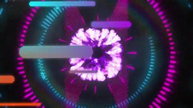 Değişken şekillerin animasyonu, mor dijital dalgaların kusursuz bir şekilde neon tünele doğru patlaması. Teknoloji arka plan kavramı