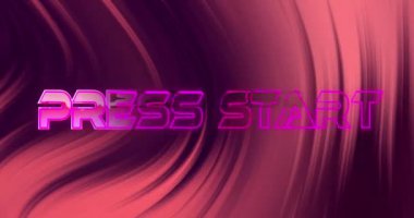 Pembe dijital dalga desenli arka plana karşı başlatılan metnin başlangıç efekti üzerindeki bozulma animasyonu. Video oyunu ve eğlence teknolojisi kavramı