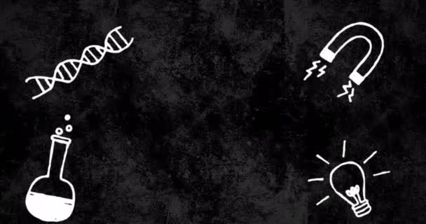 Animatie Van Science Concept Iconen Veranderende Grunge Effect Zwarte Achtergrond — Stockvideo