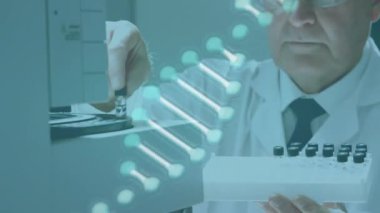 Kafkas erkek bilim adamının DNA yapısının santrifüj makinesine test tüpleri koyması. Tıbbi araştırma ve bilim teknolojisi kavramı