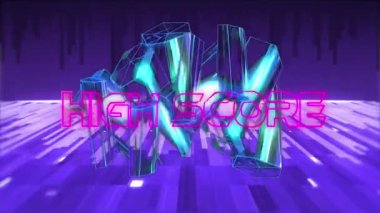 Pembe kristal şekiller ve pürüzsüz desenler üzerinde yüksek skorlu mesaj pankartı animasyonu. Video oyunu ve eğlence teknolojisi kavramı