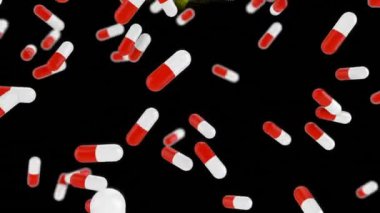 Kırmızı ve sarı dijital dalgaların siyah arkaplana çarptığı tıbbi ilaçların animasyonu. Tıbbi araştırma ve bilim teknolojisi kavramı