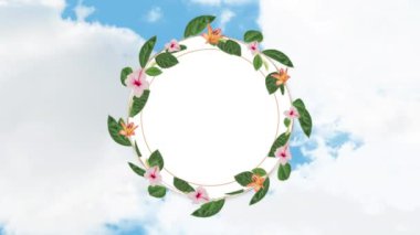 Mavi gökyüzündeki bulutlara karşı fotokopi alanı olan çiçek desenli dairesel çerçeve animasyonu. Soyut arkaplan kavramı