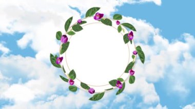 Mavi gökyüzündeki bulutlara karşı fotokopi alanı olan çiçek desenli dairesel çerçeve animasyonu. Soyut arkaplan kavramı