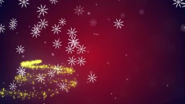 Kayan yıldızın üzerine düşen kar tanelerinin canlandırılması kırmızı arka planda bir Noel ağacı oluşturuyor. Noel şenliği ve kutlama konsepti