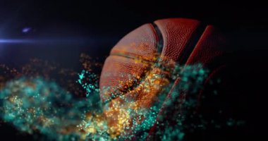 Basketbola karşı yeşil ve sarı dijital dalgaların animasyonu ve siyah arkaplanda ışık noktası. Spor teknolojisi kavramı