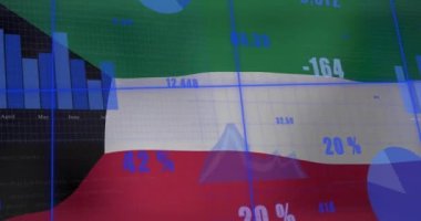Kuveyt bayrağının sallanmasına karşı istatistiksel veri işleme animasyonu. Vatanseverlik ve iş veri teknolojisi kavramı