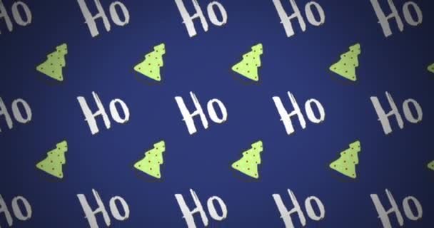 在蓝色背景的背景下 以无缝模式制作了Ho文字横幅和圣诞树图标的动画 圣诞庆典和庆祝活动的概念 — 图库视频影像