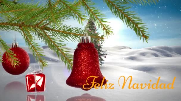 Animação Texto Feliz Navidad Pendurado Decorado Ramo Contra Paisagem Inverno — Vídeo de Stock