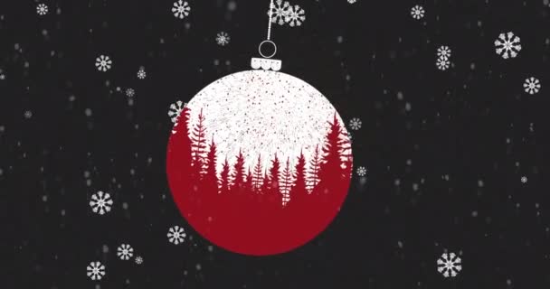 Animáció Hópelyhek Felett Lógó Csecsebecse Dekoráció Ikonok Fekete Háttér Karácsonyi — Stock videók