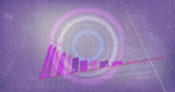Animace Neonového Kulatého Skeneru Zpracování Statistických Údajů Fialovém Pozadí Koncept — Stock video
