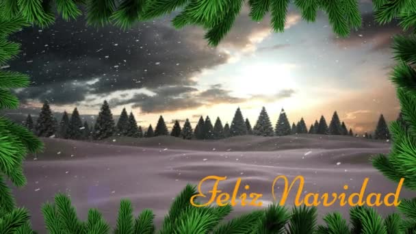 Animazione Feliz Navidad Testo Rami Contro Neve Che Cade Sul — Video Stock