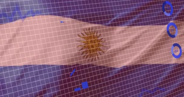 アルゼンチンの旗の背景を振ることに対するグリッドネットワーク上の統計データ処理のアニメーション 愛国主義とビジネスデータ技術のコンセプト — ストック動画