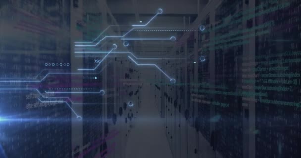 光るマイクロプロセッサ接続 ライトスポット サーバールームに対するデータ処理のアニメーション コンピュータインターフェースとビジネスデータストレージ技術のコンセプト — ストック動画