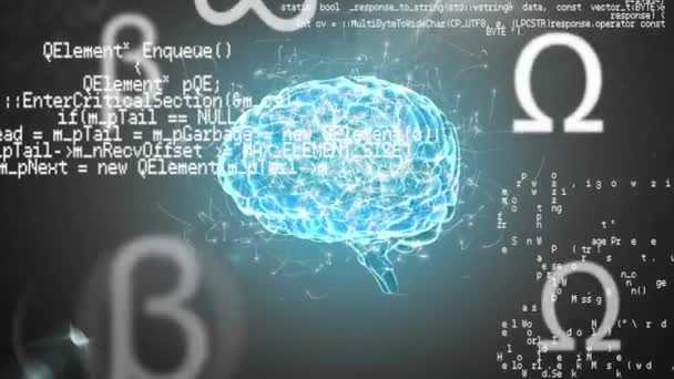 Animazione Simboli Matematici Elaborazione Dei Dati Cervello Umano Che Gira — Video Stock