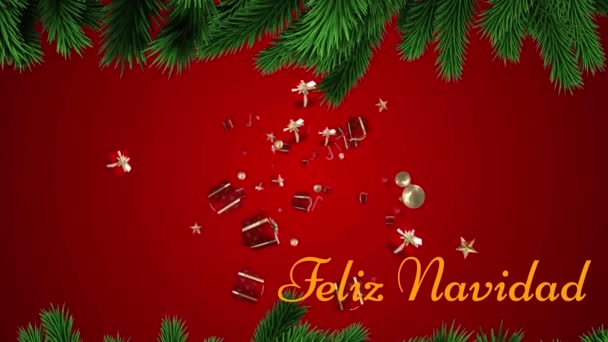 Animação Texto Feliz Navidad Sobre Presentes Natal Decorações Flutuando Contra — Vídeo de Stock