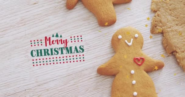Animation Merry Christmas Text Snowman Shape Cookies Mold Wooden Table — Stock Video