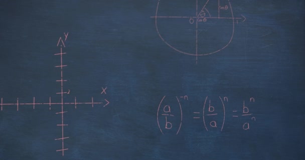 在蓝色黑板背景下漂浮的数学方程和公式的动画 学校和教育概念 — 图库视频影像