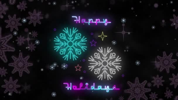 闪烁着白雪的动画和欢乐假日的文字笼罩着漆黑的星空 数字生成的全息图 圣诞节 庆祝活动和技术概念 — 图库视频影像