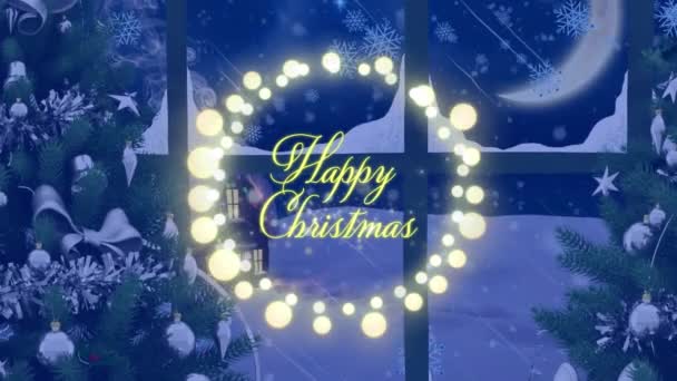 Animation Eines Fröhlichen Weihnachtstextes Beleuchteten Kranz Über Weihnachtsbäumen Und Verschneiten — Stockvideo