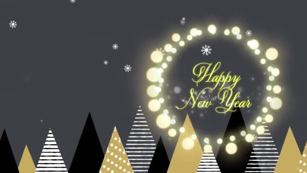 Animation Happy New Year Text Illuminated Wreath Snow Falling Trees — Stock Video