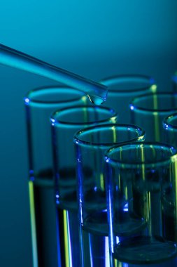 Laboratuvar test tüplerinin ve pipetin dikey görüntüsü. Mavi arkaplanda kopya alanı var. Laboratuvar, bilim, araştırma ve kimya konsepti.