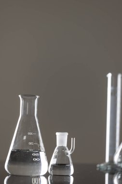 Laboratuvar çanaklarının dikey görüntüsü ve gri arkaplanda kopyalama alanı. Laboratuvar, bilim, araştırma ve kimya konsepti.