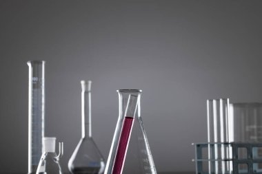 Laboratuvar çanaklarını kapatın ve gri arka plandaki alanı kopyalayın. Laboratuvar, bilim, araştırma ve kimya konsepti.