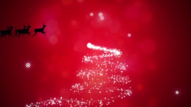 Kızakta Noel Baba 'nın animasyonu. Kar yağarken ren geyiği ve kırmızıda Noel ağacı. Noel, kutlama ve gelenek konsepti dijital olarak oluşturuldu.