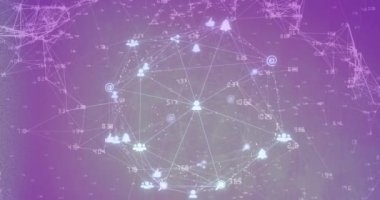 Bağlantılar ağının animasyonu, mor gradyan arkaplandaki dijital simgelerin dönen küresi. Küresel ağ ve iş teknolojisi kavramı