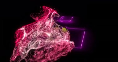 Siyah arkaplana karşı neon mor futbol sahası düzeni üzerine pembe dijital dalga animasyonu. Spor ve tekoloji kavramı