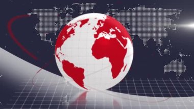 Mavi arkaplana karşı kırmızı soyut şekiller üzerinde dönen küre ve dünya haritasının animasyonu. Küresel ağ ve iş teknolojisi kavramı