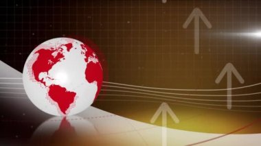 Dönen küre animasyonu, yukarı doğru hareket eden oklar ve sarı arka planda ışık lekesi. Küresel ağ ve iş teknolojisi kavramı