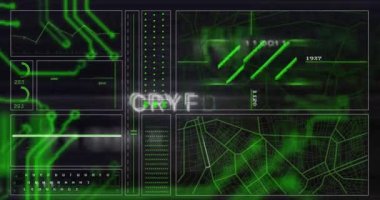 Siyah arkaplana karşı veri işleme arayüzü üzerinde şifreli metin pankartın animasyonu. Bilgisayar arayüzü ve kripto para birimi teknolojisi kavramı