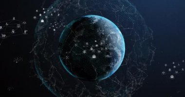 Mavi arka planda dönen dünya üzerindeki bağlantılar ve dijital simgelerin animasyonu. Küresel ağ ve iş teknolojisi kavramı