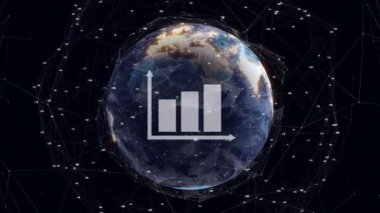 Siyah arkaplanda dönen dünya üzerindeki çubuk grafik simgesi ve bağlantı ağının animasyonu. Küresel ağ ve iş veri teknolojisi kavramı