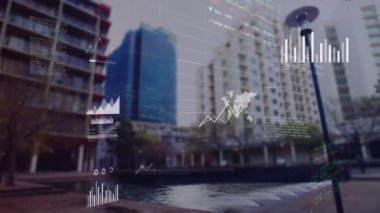 Yüksek binaların görünümüne karşı istatistiksel ve borsa veri işleme animasyonları. Küresel ekonomi ve iş veri teknolojisi kavramı